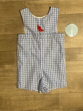 Little English Light Blue Gingham Romper with Red Watermelon Patch
